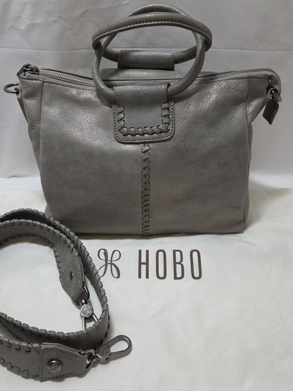 HOBO Shelia Medium Granite Grey Leather Top-Handle Satchel with Detachable Strap